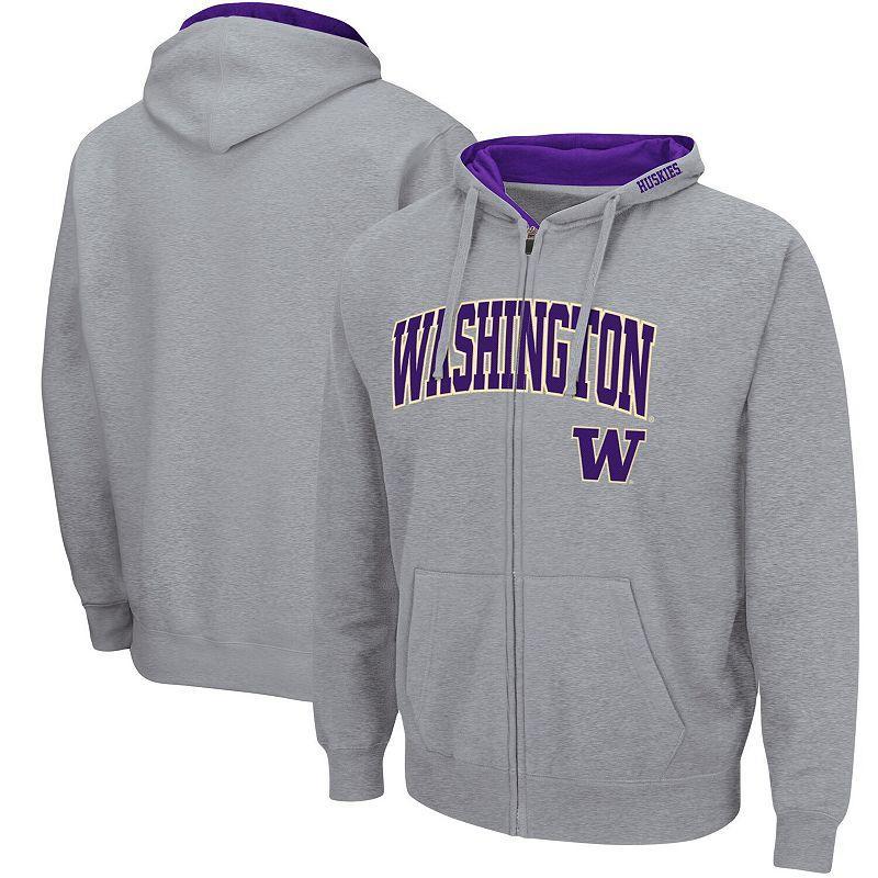 Men's Colosseum Heathered Gray Washington Huskies Arch & Logo 3.0 Full-Zip Hoodie, Size: 3XL, Grey Product Image