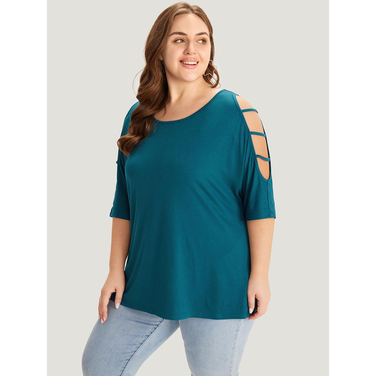Plus Size Solid Cut Out Round Neck Dolman Sleeve T-shirt Aegean Women Elegant Plain Round Neck Dailywear T-shirts BloomChic 10/M Product Image