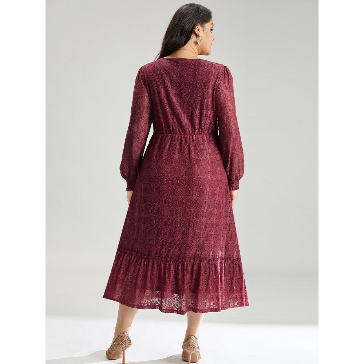 Plus Size Contrast Lace Button Detail Shirred Ruffle Hem Dress Scarlet Women Glamour Texture V-neck Long Sleeve Curvy Midi Dress BloomChic 22-24/3X Product Image