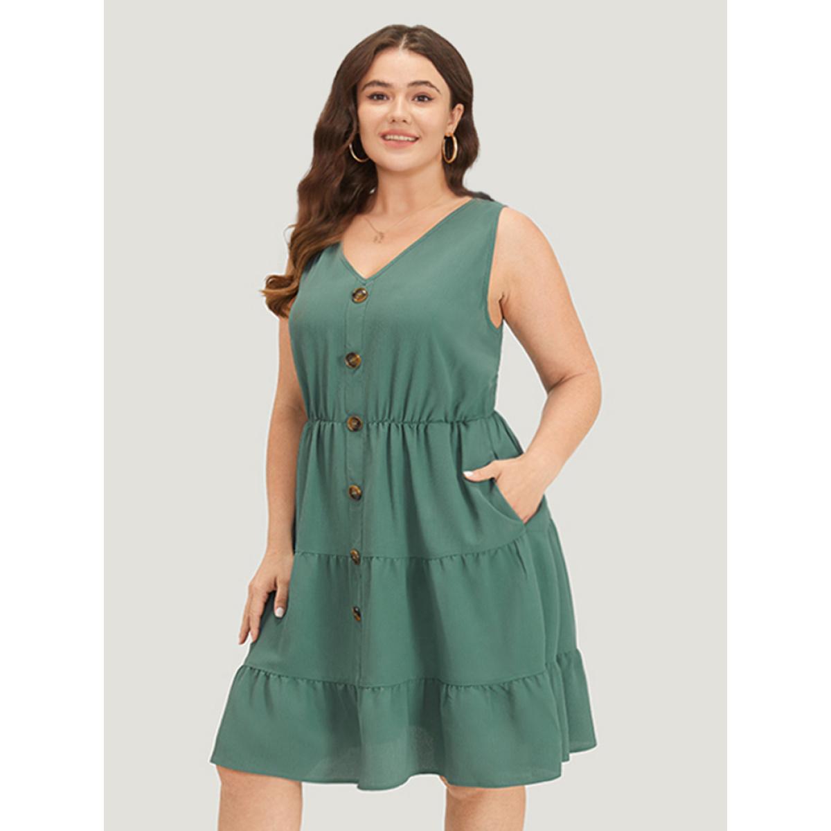 Plus Size Plain Button Detail Ruffle Layered Hem Gathered Tank Dress Teal Women Elegant Patchwork V-neck Sleeveless Curvy Knee Dress BloomChic 14-16/1X Product Image