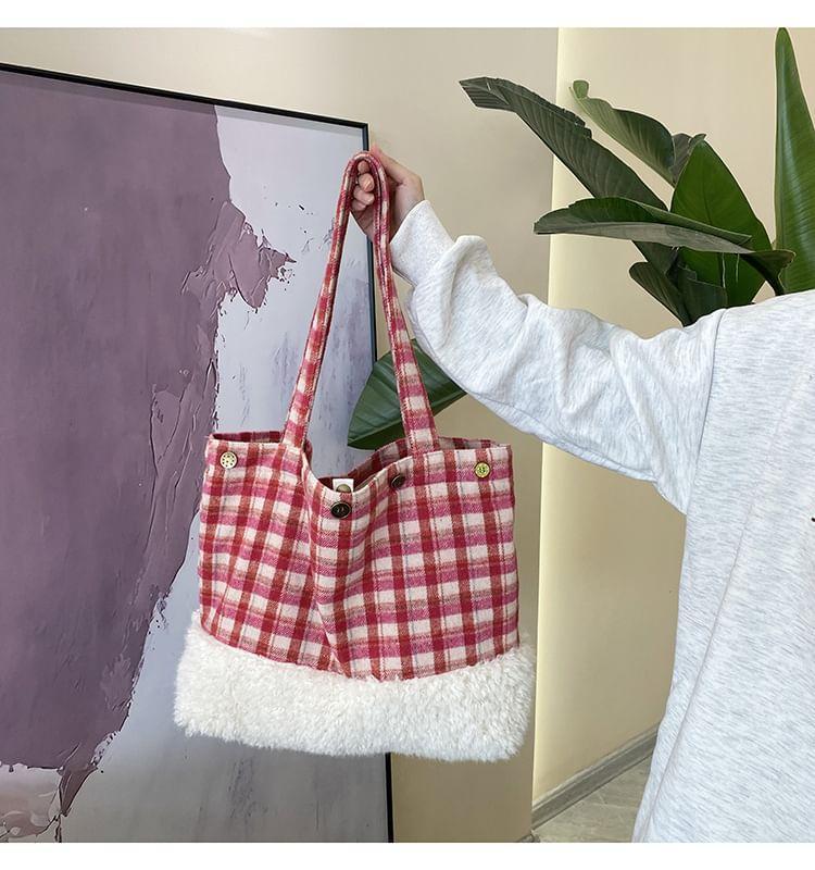 Plaid Fleece Panel Tote Bag Product Image