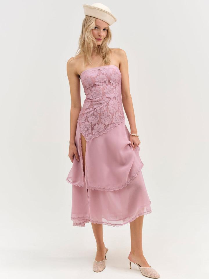 Claudia Rose Lace Strapless Midi Dress — Pink Product Image