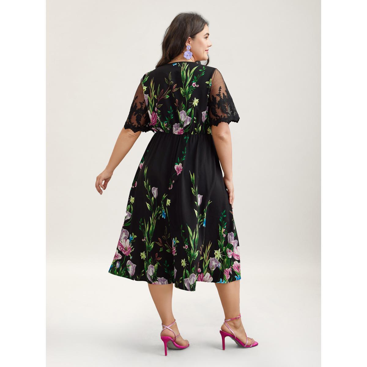 Plus Size Floral Print Flared Sleeve Spliced Midi Dress Black Women Elegant See through Round Neck Short sleeve Curvy BloomChic 28/5X Product Image