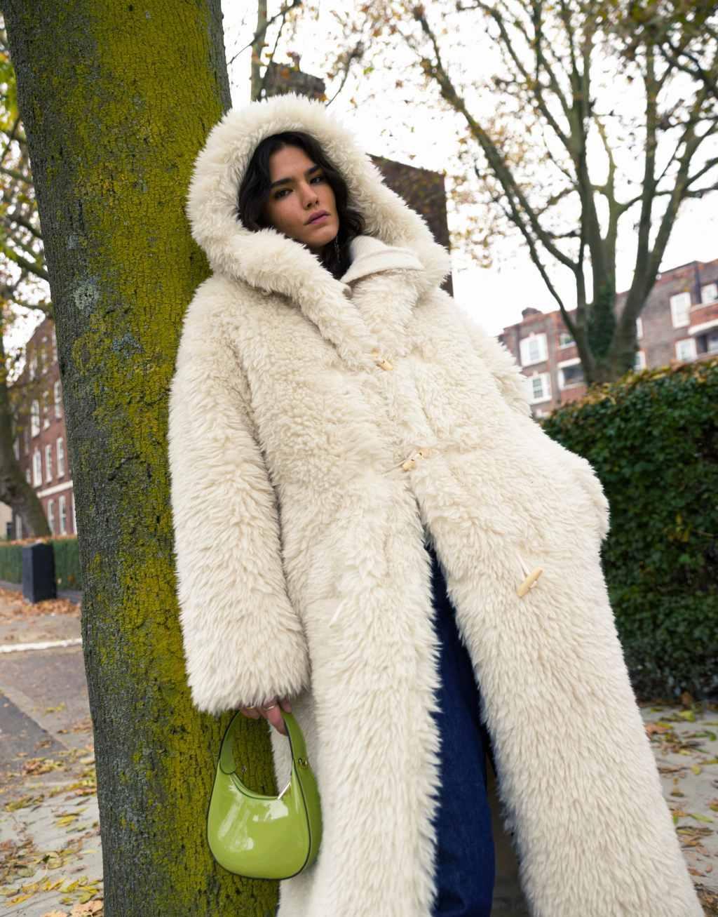 Topshop faux fur duffle hooded long coat in cream Product Image