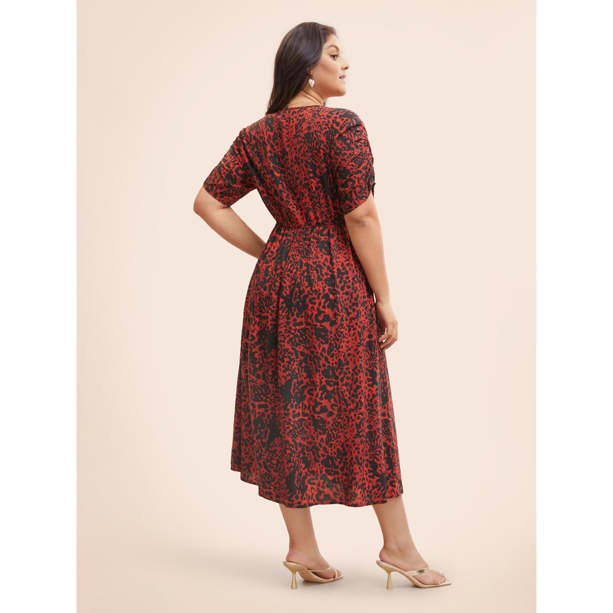 Plus Size Leopard Print V Neck Gathered Dress Burgundy Women Elegant Gathered Overlap Collar Short sleeve Curvy BloomChic 30/6X Product Image