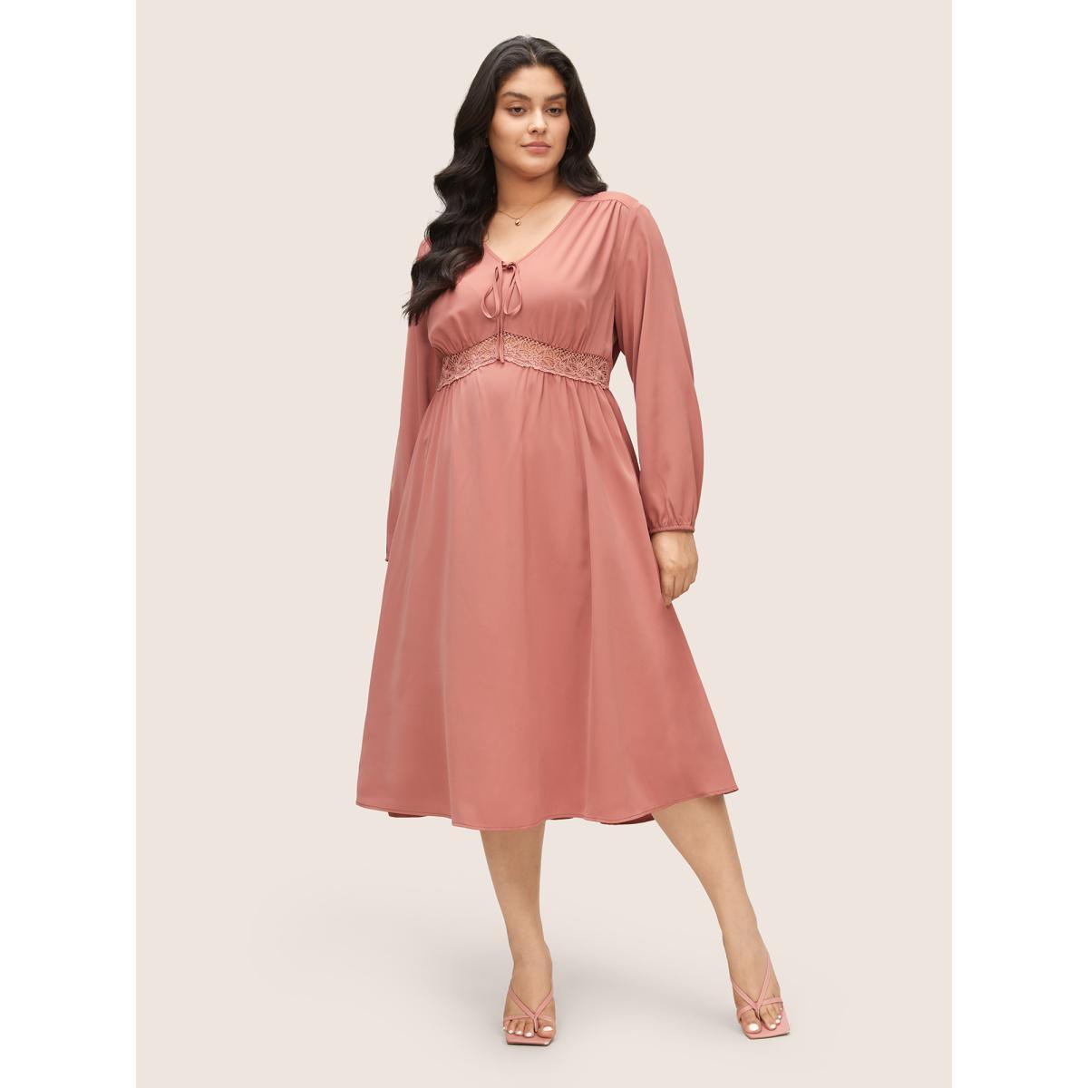 Plus Size Lace Insert Pocket Bowknot Hollow Out Dress DustyPink Women Elegant Elastic cuffs V-neck Long Sleeve Curvy Midi Dress BloomChic 22-24/3X Product Image