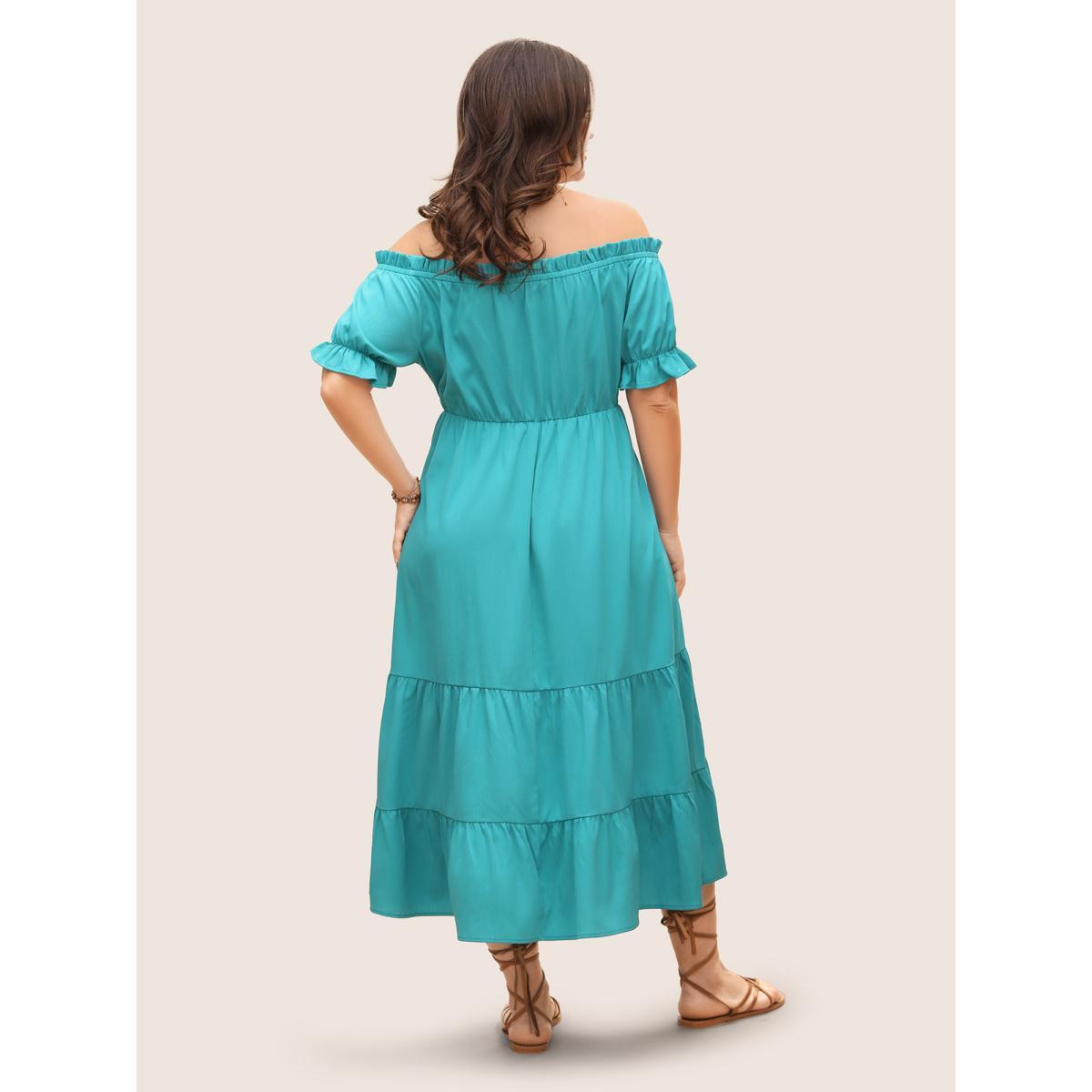Plus Size One Shoulder Neck Frill Trim Tie Knot Dress Malachitegreen Women Resort Tie knot One-shoulder neck Short sleeve Curvy BloomChic 26/4X Product Image