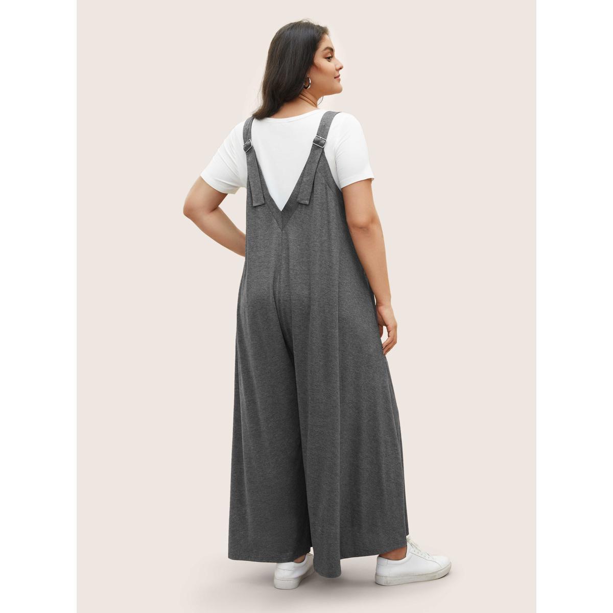 Plus Size Gray Supersoft Essentials Solid Pocket Adjustable Straps Jumpsuit Women Casual Sleeveless Non Everyday Loose Jumpsuits BloomChic 10/M Product Image