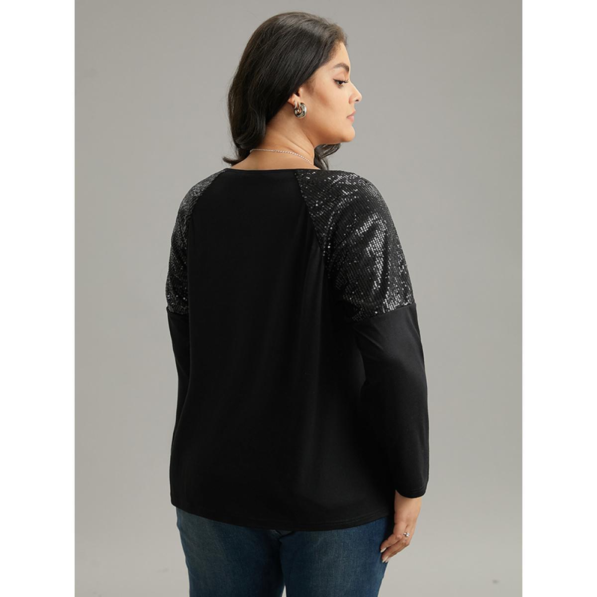 Plus Size Sequin Patchwork Raglan Sleeve T-shirt Black Women Elegant Sequin Galaxy Round Neck Dailywear T-shirts BloomChic 30/6X Product Image