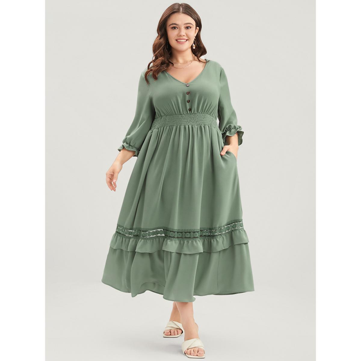 Plus Size Plain Lantern Sleeve Button Detail Pocket Shirred Ruffle Hem Dress Mint Women Elegant Patchwork V-neck Elbow-length sleeve Curvy Midi Dress BloomChic 10/M Product Image