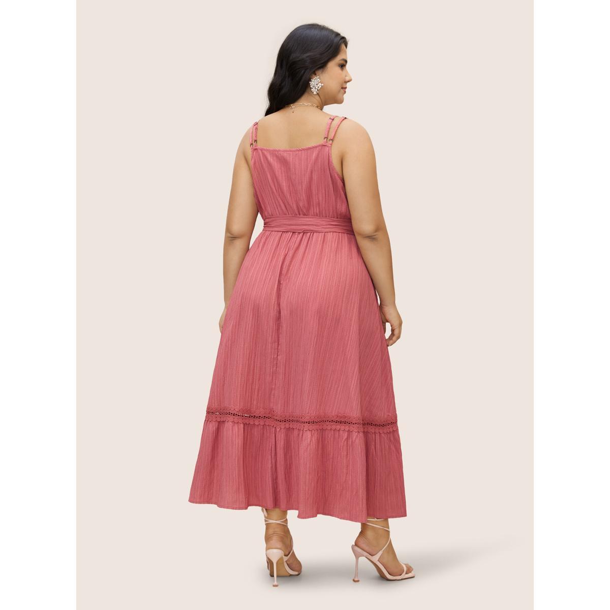 Plus Size Plain Texture Woven Ribbon Belted Dress Watermelon Women Elegant Woven ribbon&lace trim V-neck Sleeveless Curvy BloomChic 22-24/3X Product Image