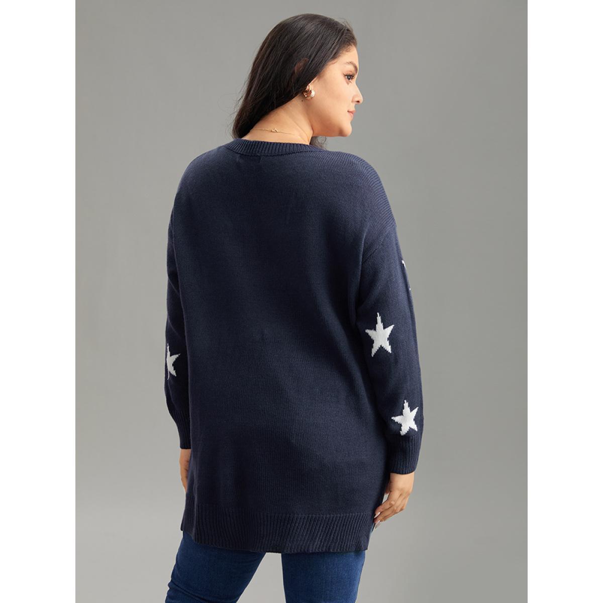 Plus Size Star Print Drop Shoulder Cardigan Indigo Women Casual Loose Long Sleeve V-neck Dailywear Pullovers BloomChic 10/M Product Image