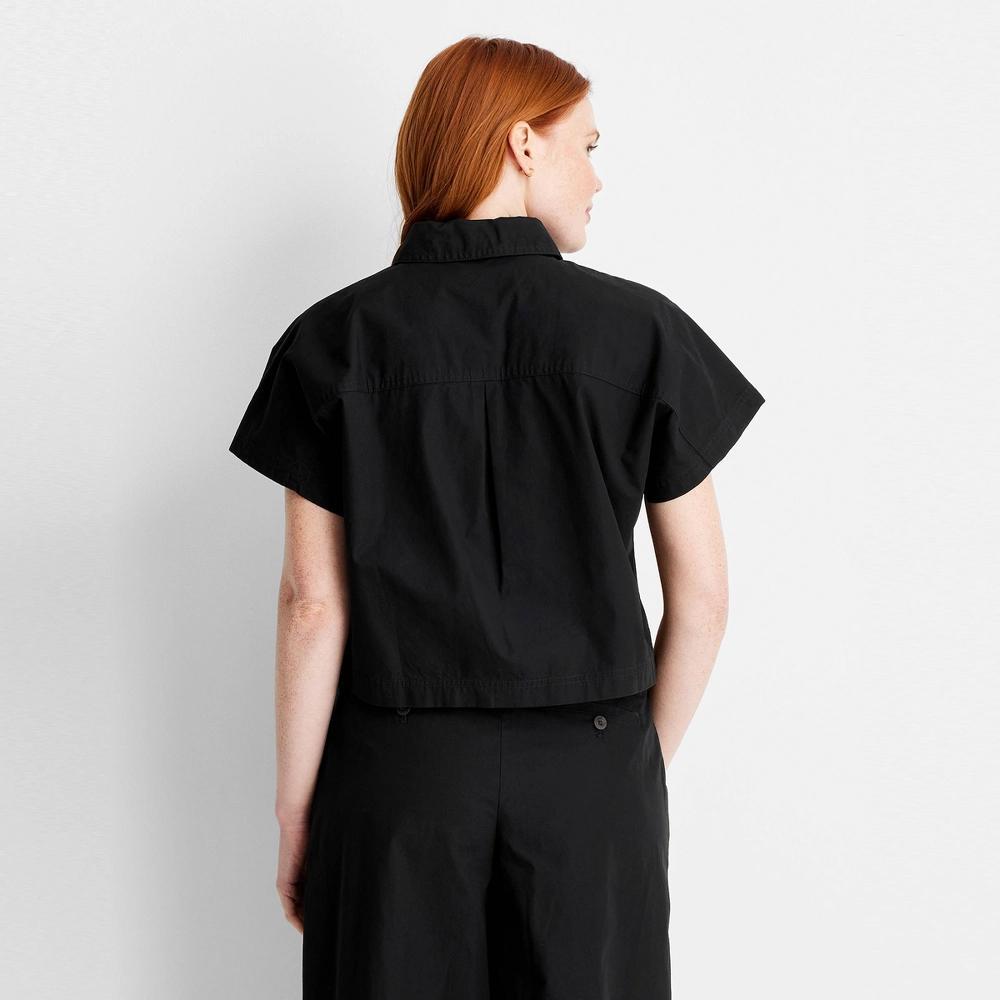 Women's Cap Sleeve V-Neck Button-Down Shirt - Future Collective Black XS: Loose Fit, Ruffle Sleeve, Lightweight Woven Fabric Product Image