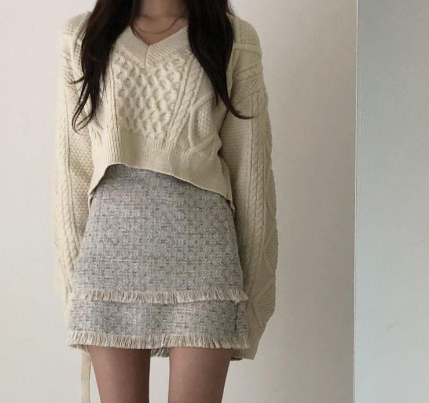 V-Neck Plain Cable Knit Tie Back Crop Sweater Product Image