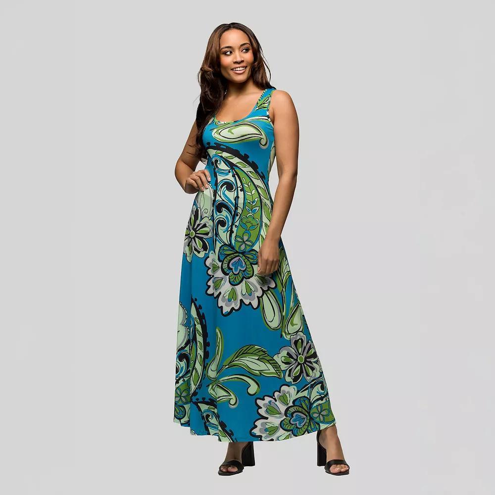 Women's 24seven Comfort Apparel Paisley Print Scoop Neck A-Line Sleeveless Maxi Dress, Size: Small, Blue Team Product Image