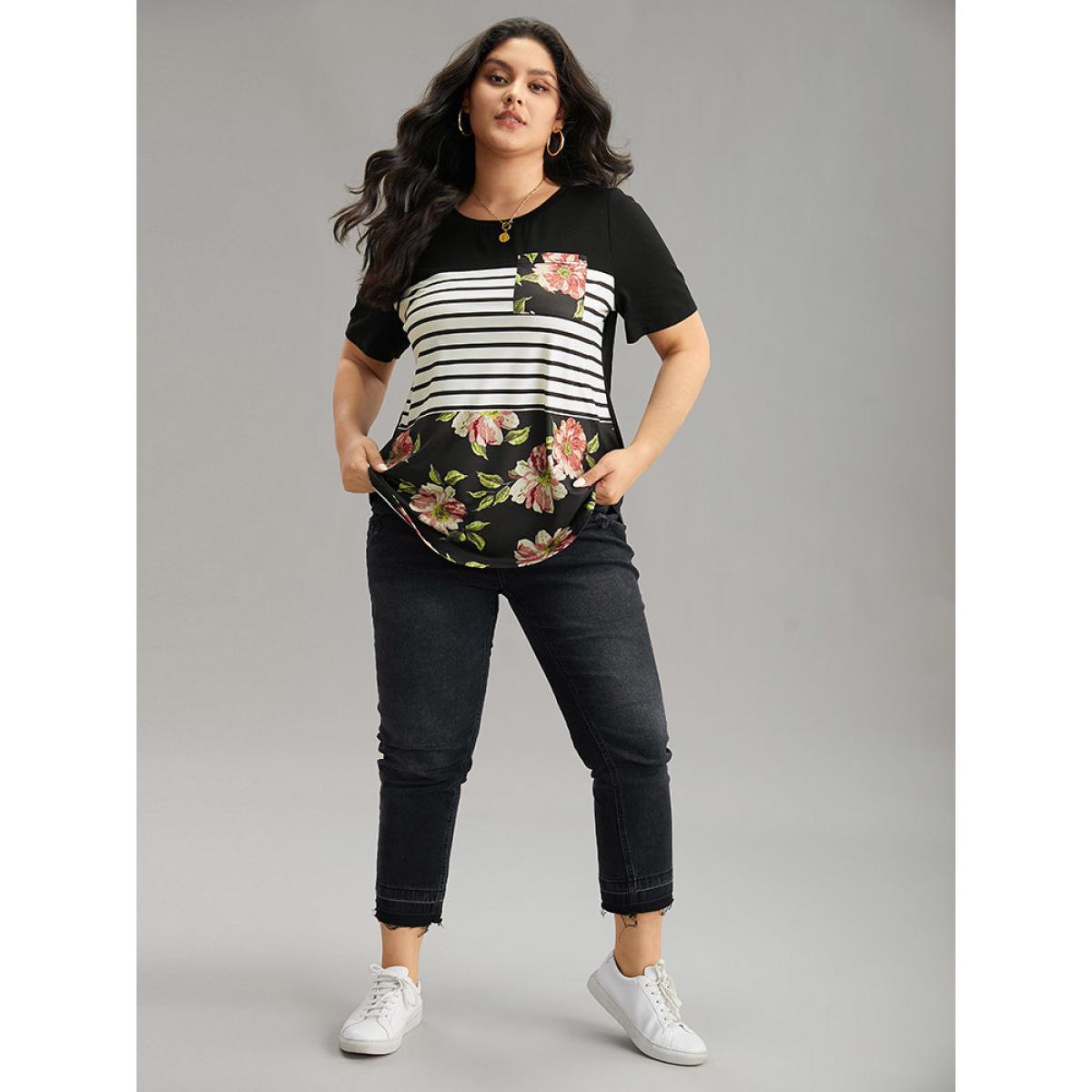 Plus Size Floral Striped Patchwork Patched Pocket T-shirt Black Women Casual Printed Striped Round Neck Dailywear T-shirts BloomChic 10/M Product Image