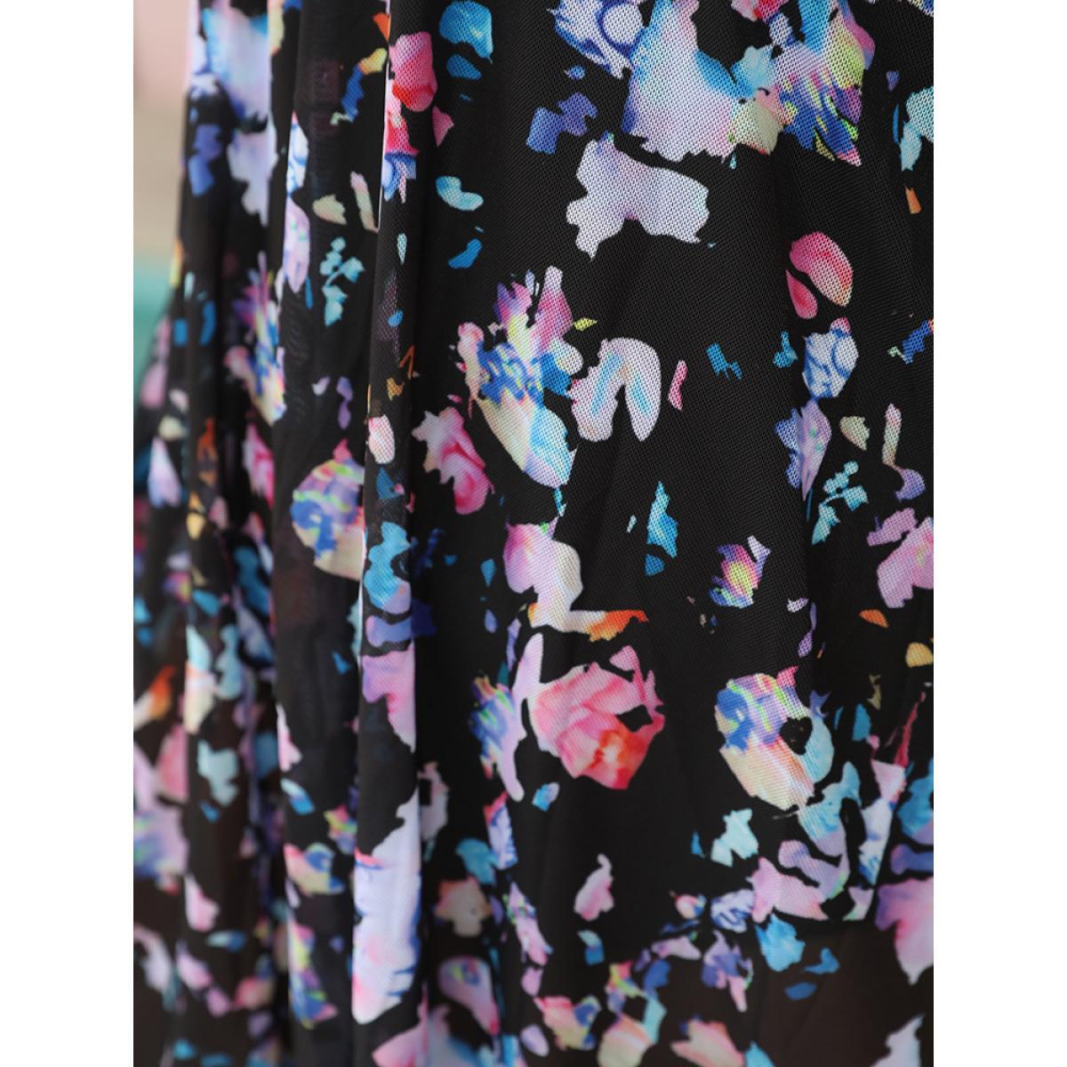 Plus Size Graphic Print Ruffles Crisscross Deep V Neck Swim Dress Women's Swimwear BlackFlower Vacation Bodycon Deep V-neck High stretch Curve Swim Dresses BloomChic 18-20/2X Product Image