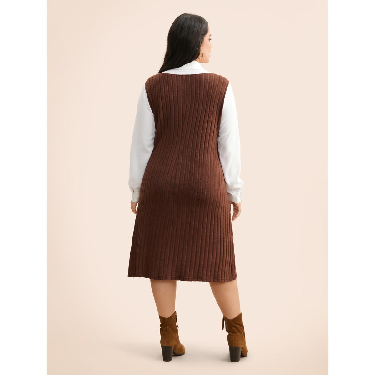 Plus Size Shirt Collar Rib Knit Patchwork Dress Browncoffeecolor Women Casual Texture Shirt collar Long Sleeve Curvy BloomChic 26/4X Product Image