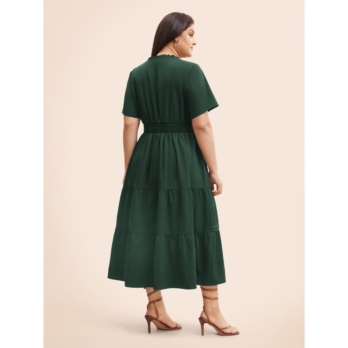 Plus Size Plain Frill Trim Ruffle Layered Hem Dress Cyan Women Resort Tucked seam Mock Neck Short sleeve Curvy BloomChic 18-20/2X Product Image