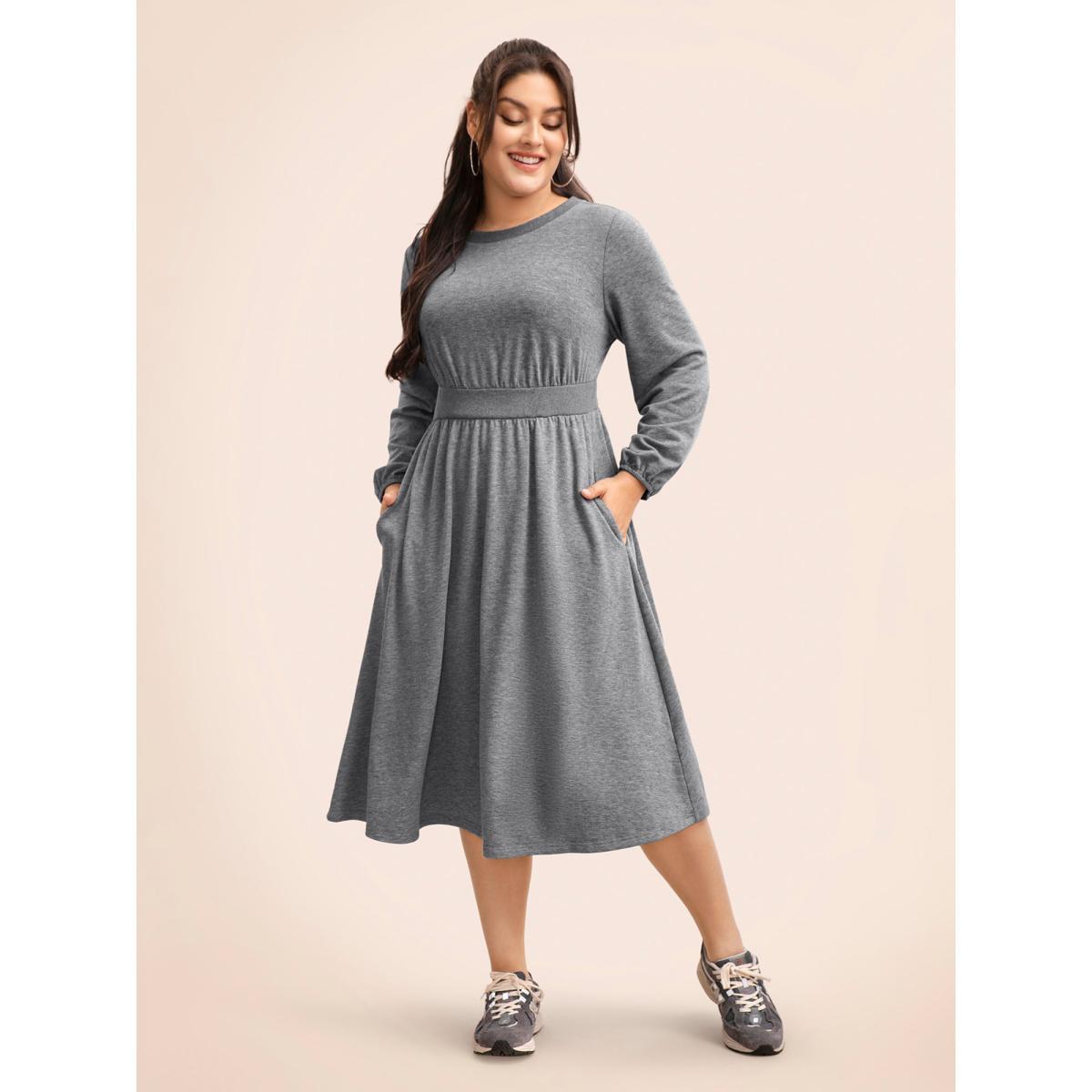 Plus Size Crew Neck Elastic Waist Midi Dress DarkGray Women Casual Patchwork Round Neck Long Sleeve Curvy BloomChic 26/4X Product Image
