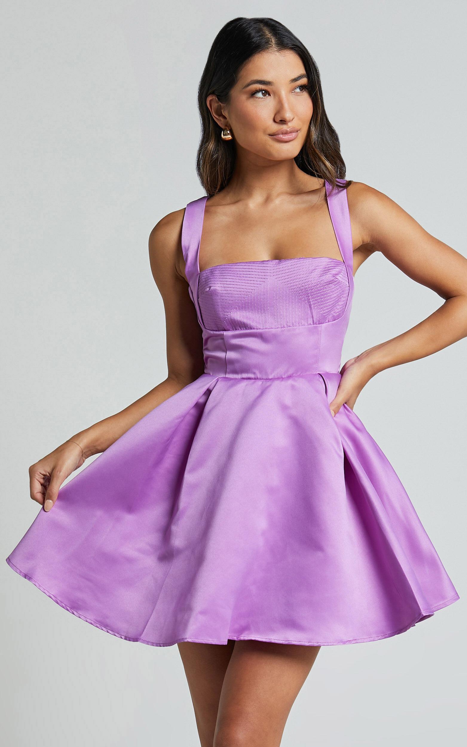 Stephanie Mini Dress - Satin Square Neck Tie Back Dress in Orchid Product Image