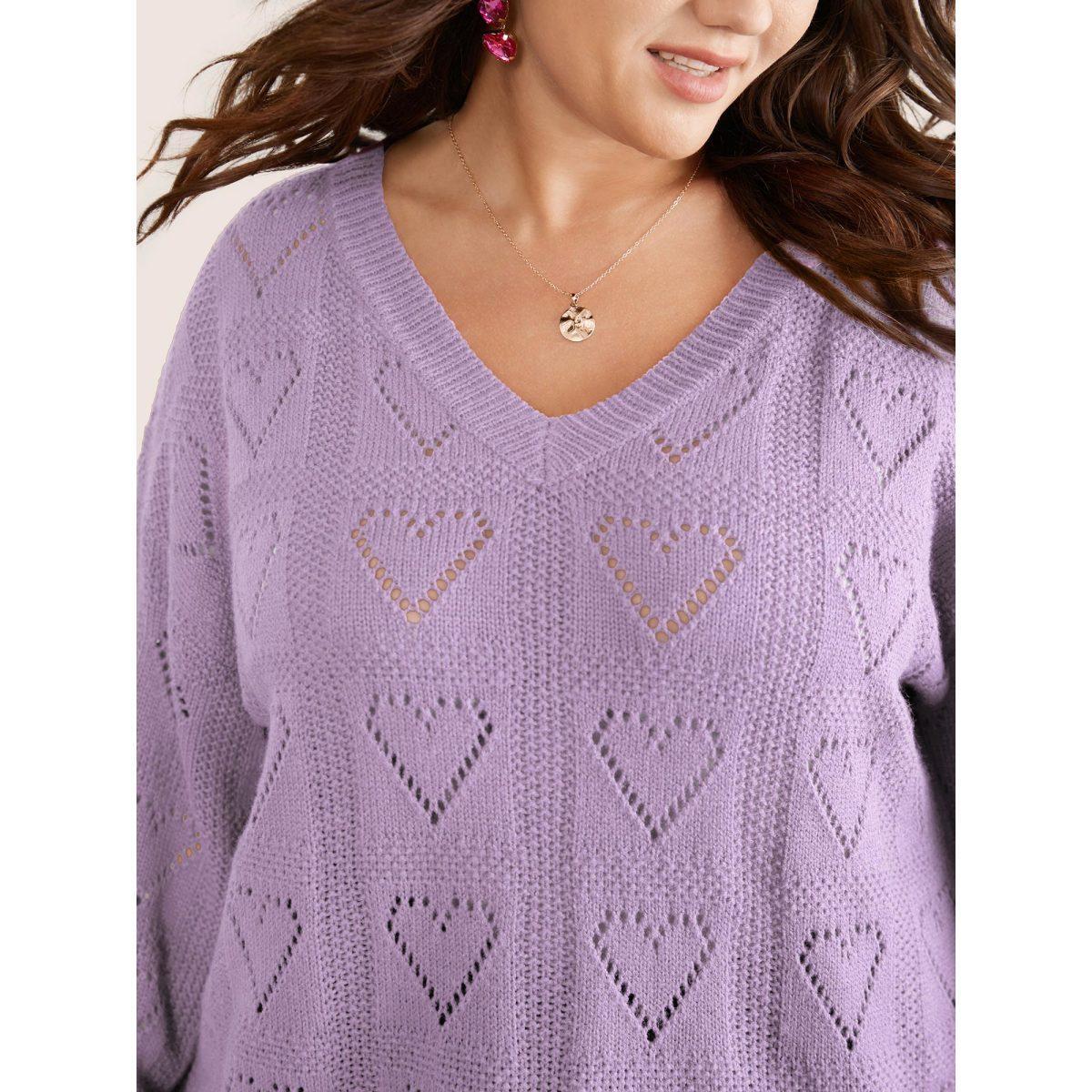 Plus Size Solid Heart Pointelle Lantern Sleeve Pullover Lilac Women Elegant Long Sleeve V-neck Everyday Pullovers BloomChic 18-20/2X Product Image