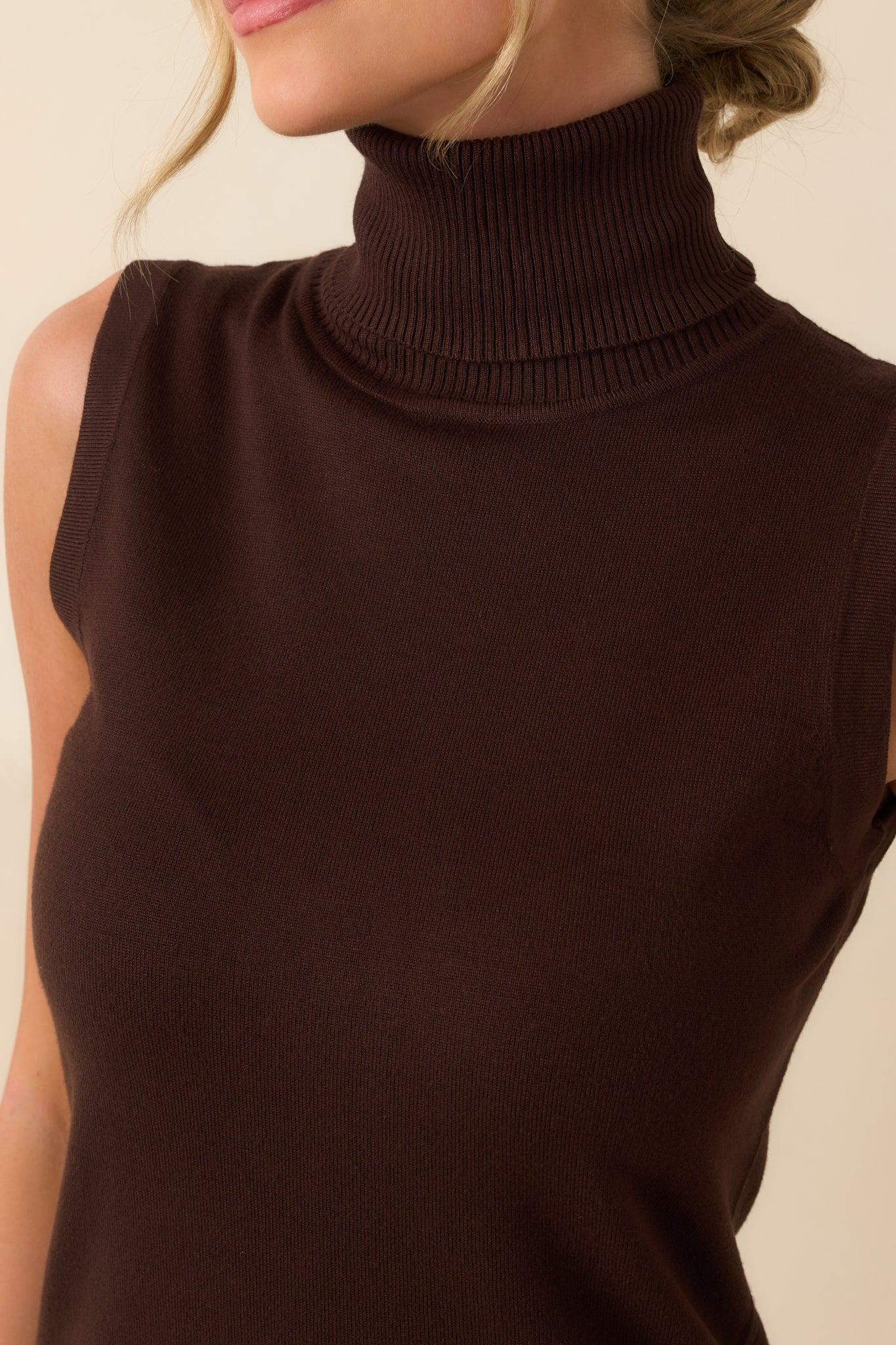 Peaceful Feelings Chocolate Brown Sleeveless Turtleneck Sweater Product Image