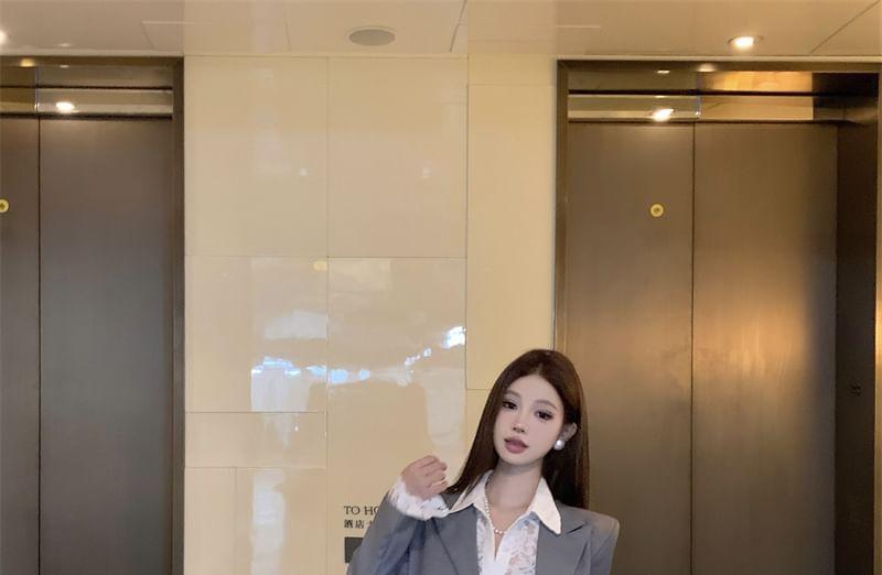 Lace-Trim Double-Breasted Blazer / Midi Skirt Product Image