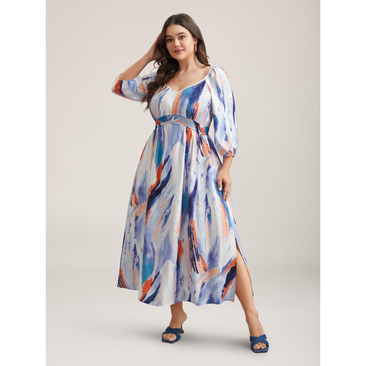 Plus Size Abstract Print Waist-Cinched Split Hem Maxi Dress Multicolor Women Elegant Gathered Heart neckline Elbow-length sleeve Curvy BloomChic 18-20/2X Product Image