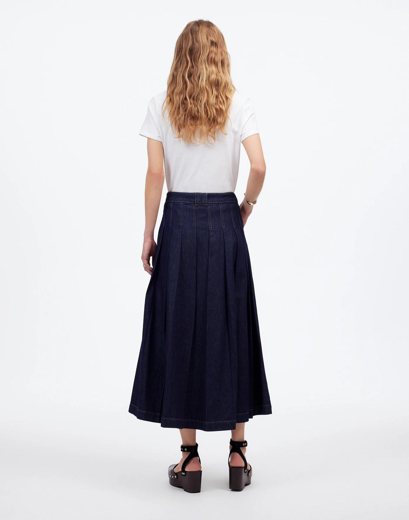 Pleated Denim Midi Skirt in Essex Wash Product Image