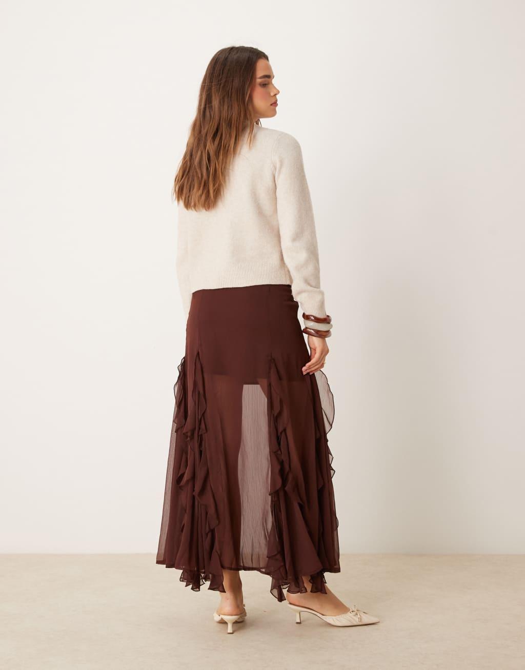 Miss Selfridge godet insert maxi skirt in brown Product Image