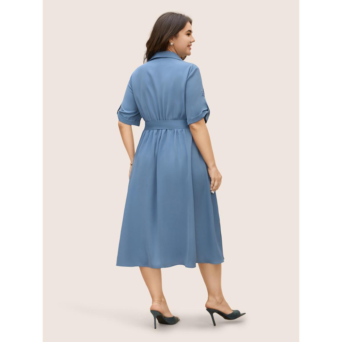 Plus Size Shirt Collar Tab Sleeve Split Hem Dress Stone Women At the Office Belted Shirt collar Half Sleeve Curvy BloomChic 12/L Product Image