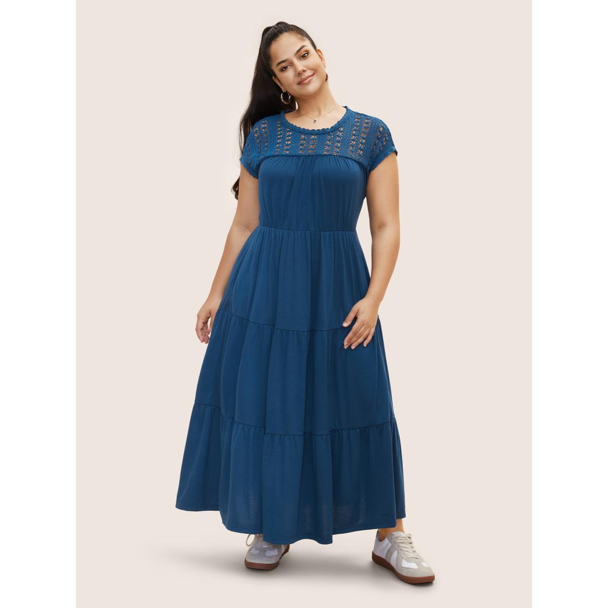 Plus Size Crochet Lace Gathered Dolman Sleeve Dress Mediumblue Women Casual Woven ribbon&lace trim Round Neck Cap Sleeve Curvy BloomChic 12/L Product Image