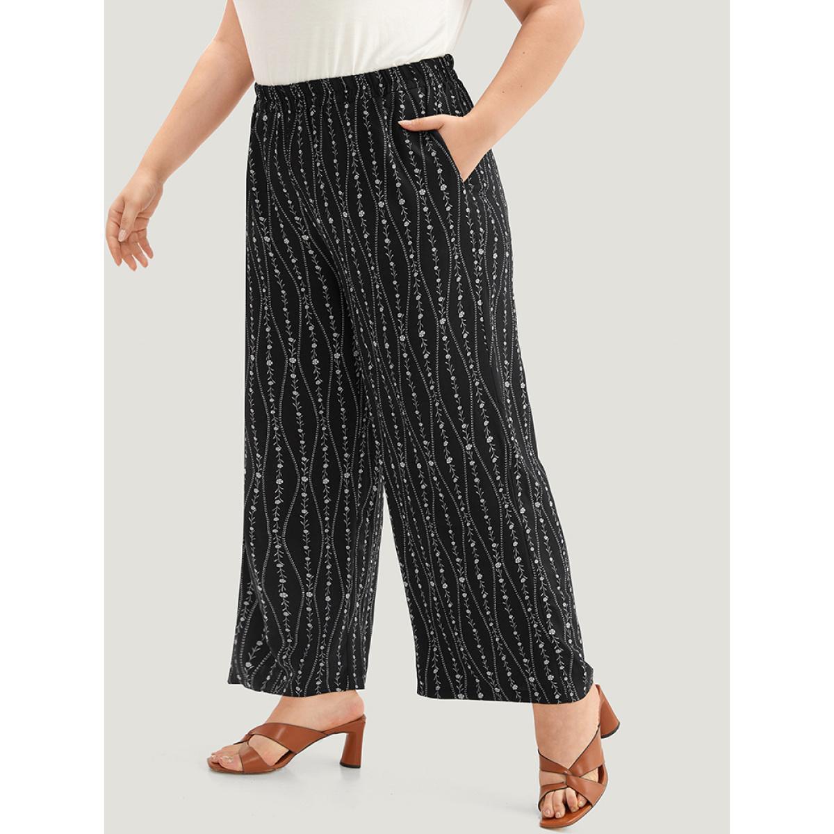 Plus Size Striped Ditsy Floral Elastic Waist Pants Women Black Vacation Straight Leg High Rise Dailywear Pants BloomChic 10/M Product Image