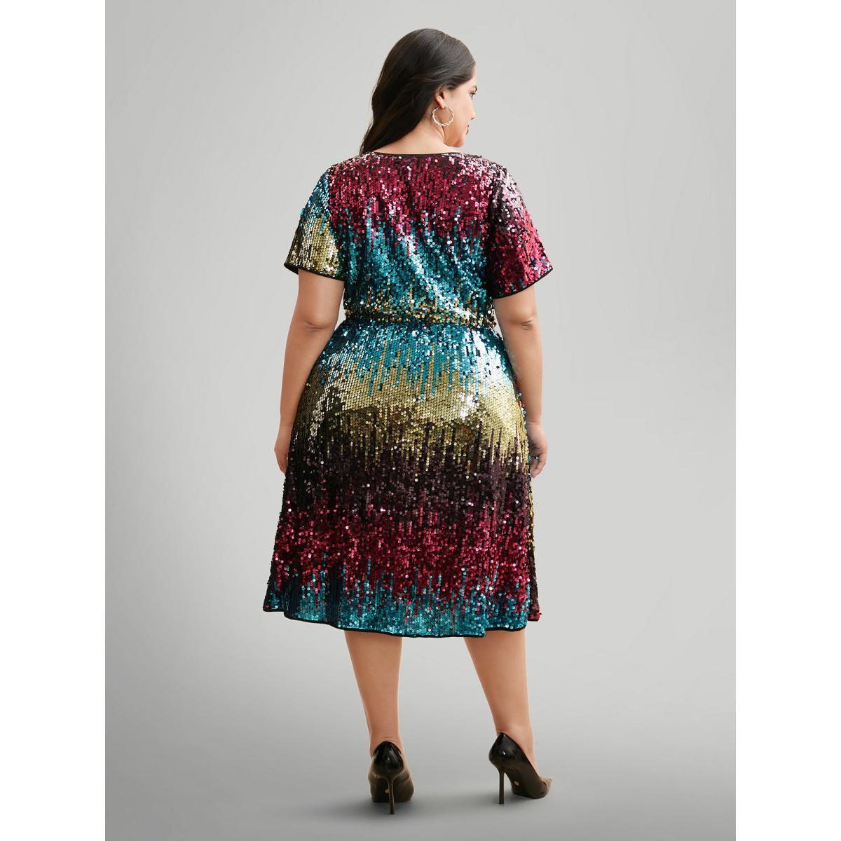 Plus Size Round Neck Ombre Sequin Dress Multicolor Women Cocktail Texture Party Curvy Bloomchic 18-20/2X Product Image