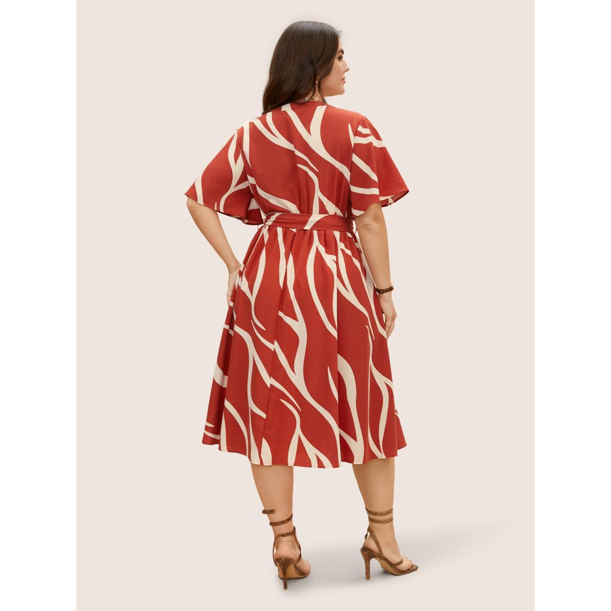 Plus Size Geometric Surplice Neck Tie Knot Midi Dress Rust Women At the Office Belted Flat collar with V-notch Short sleeve Curvy BloomChic 14-16/1X Product Image
