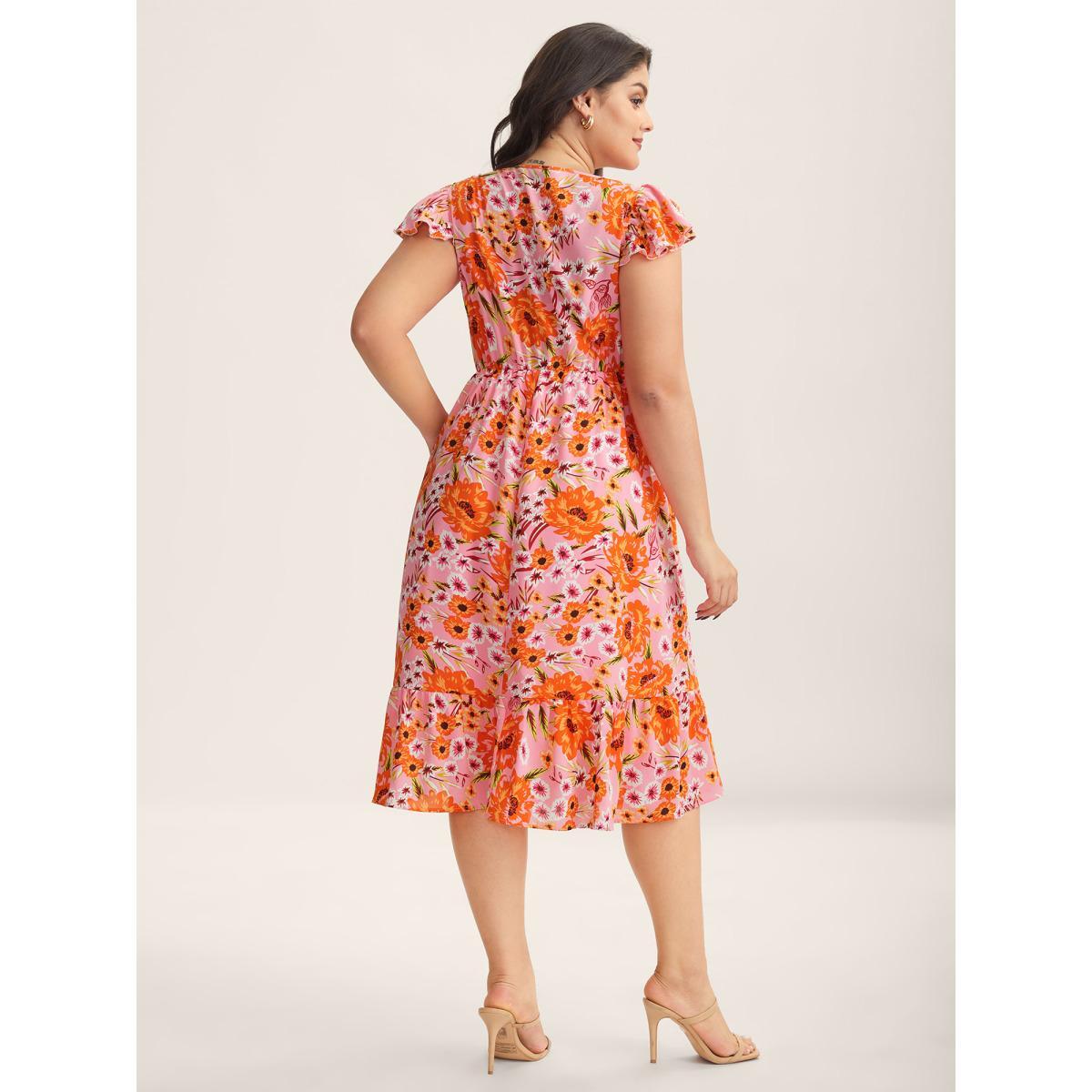 Plus Size Floral Print Flutter Sleeve Tiered Midi Dress Blush Women Square Neck Cap Sleeve Curvy BloomChic 22-24/3X Product Image