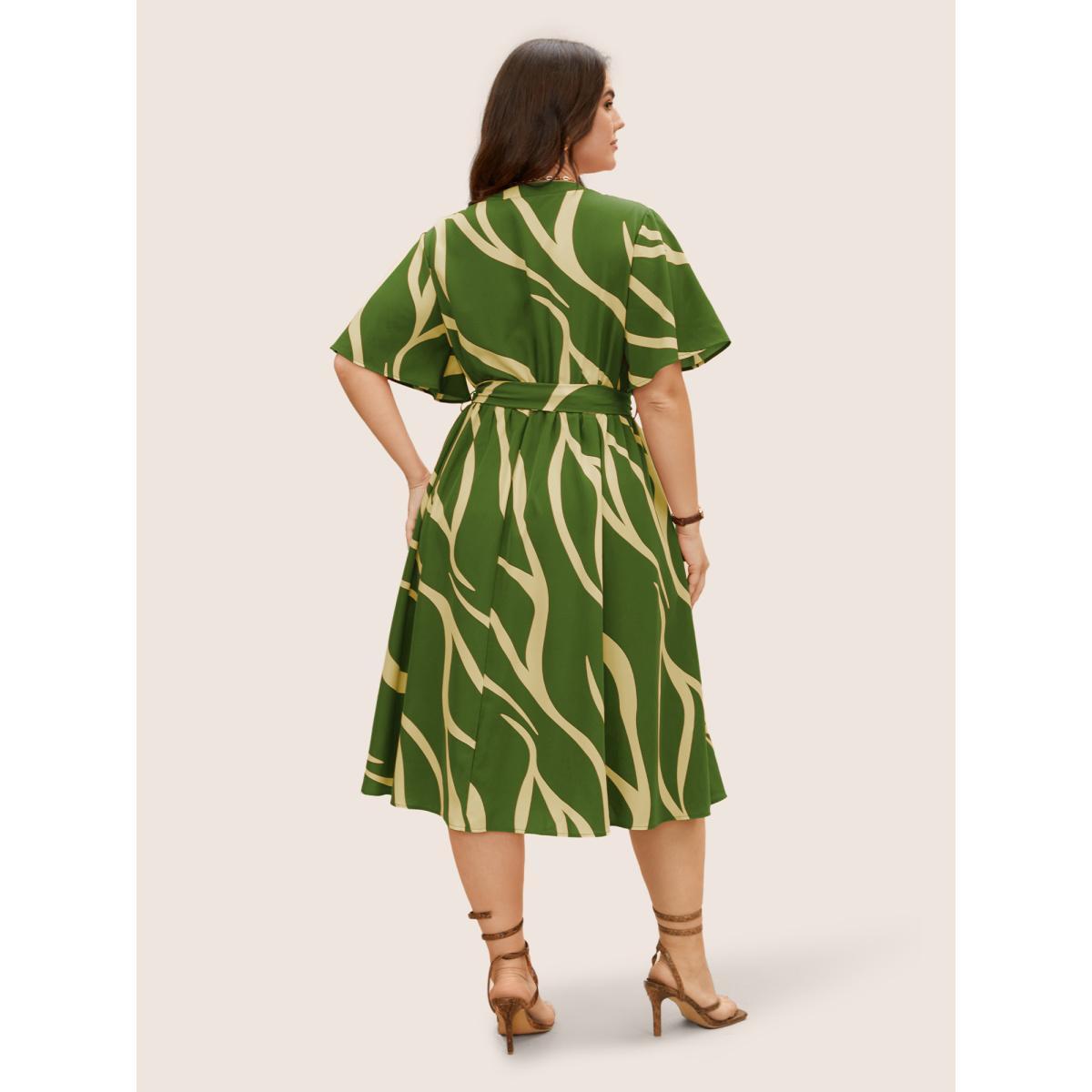 Plus Size Geometric Surplice Neck Tie Knot Midi Dress Olive Women At the Office Belted Flat collar with V-notch Short sleeve Curvy BloomChic 30/6X Product Image