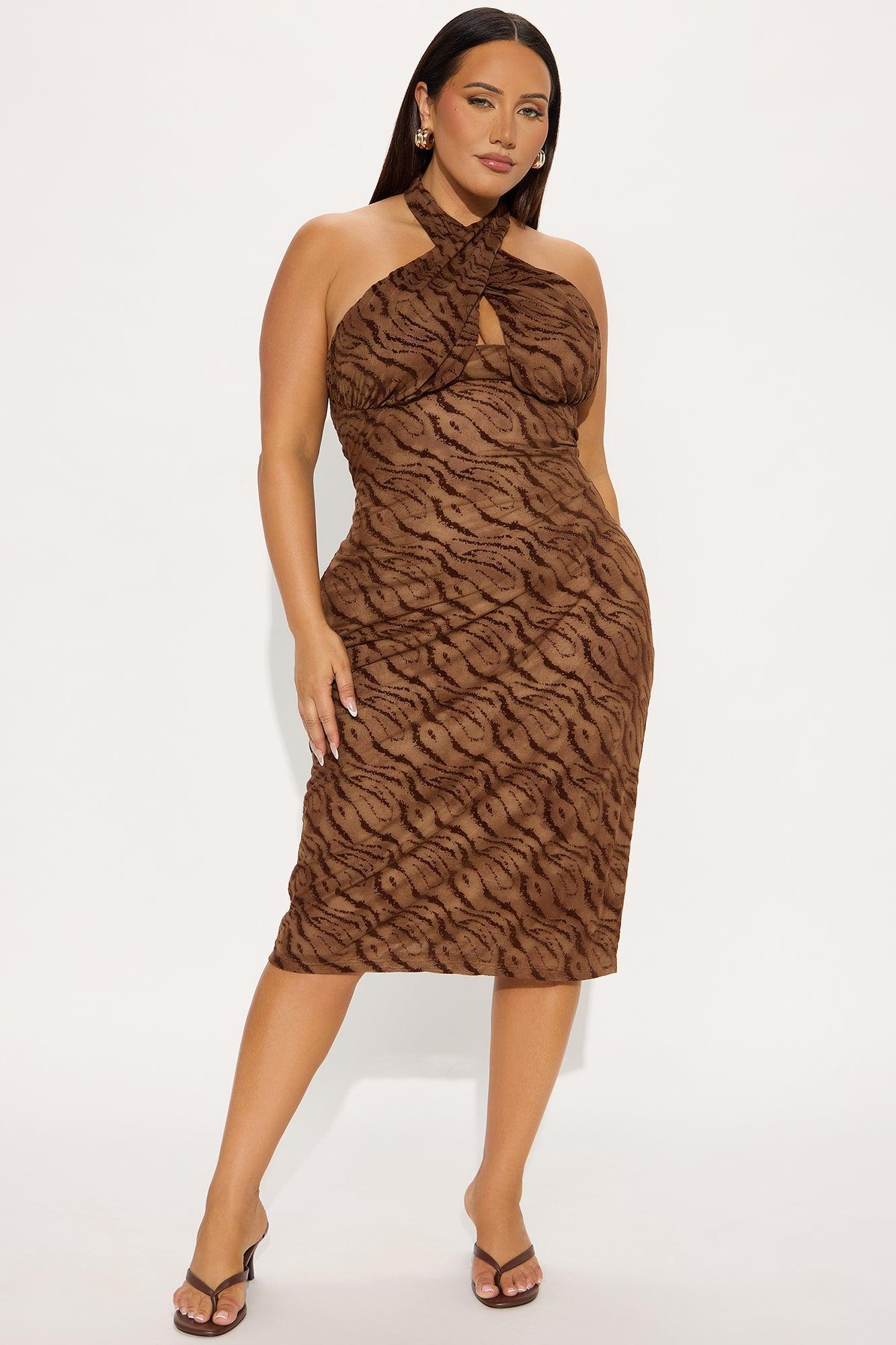 Hot Attraction Zebra Print Mesh Midi Dress - Brown Product Image