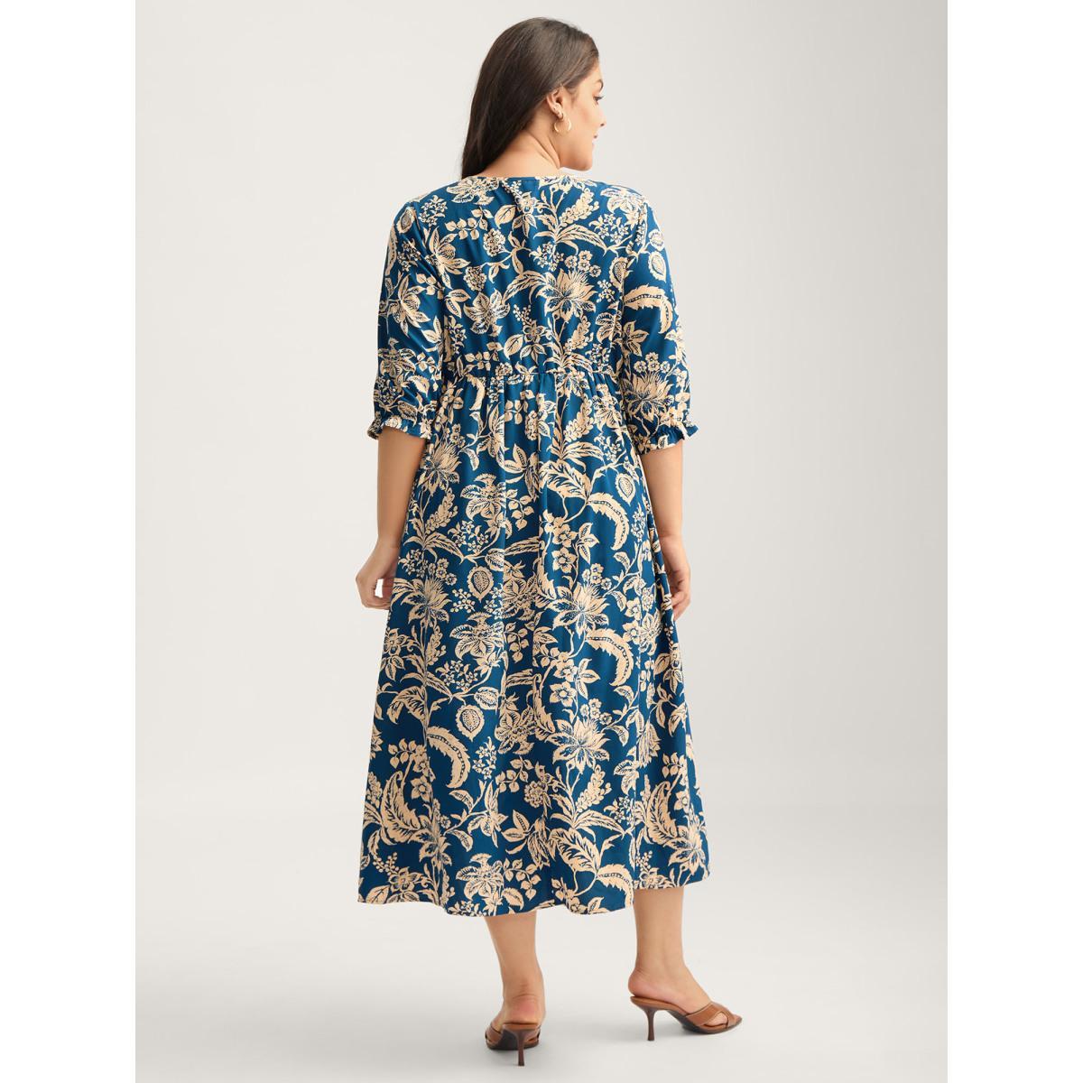 Plus Size Boho Floral Drawstring Pockets Midi Dress Mediumblue Women V-neck Elbow-length sleeve Curvy BloomChic 12/L Product Image