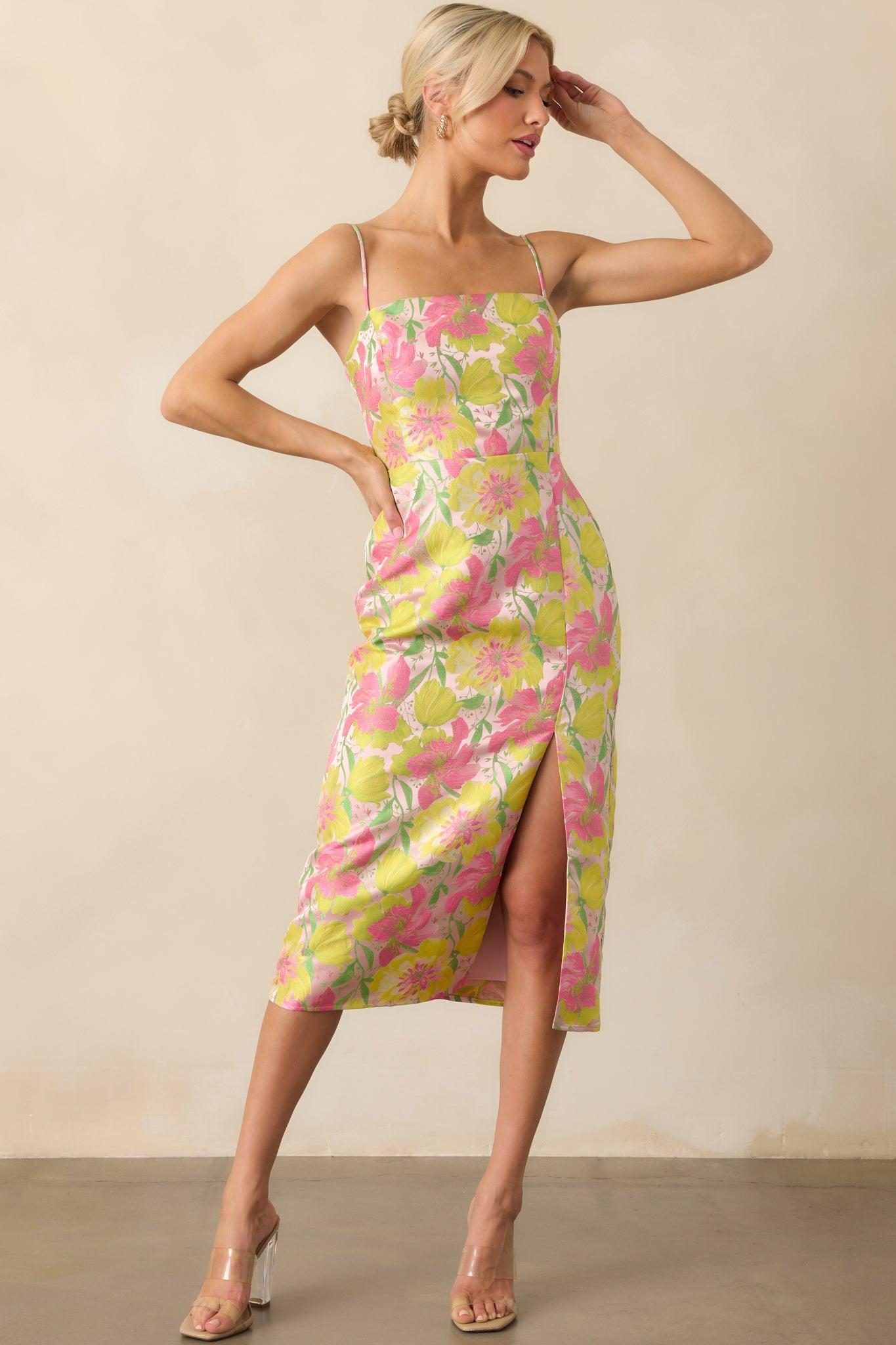 All Of Your Greatness Light Pink Floral Print Jacquard Midi Dress Product Image