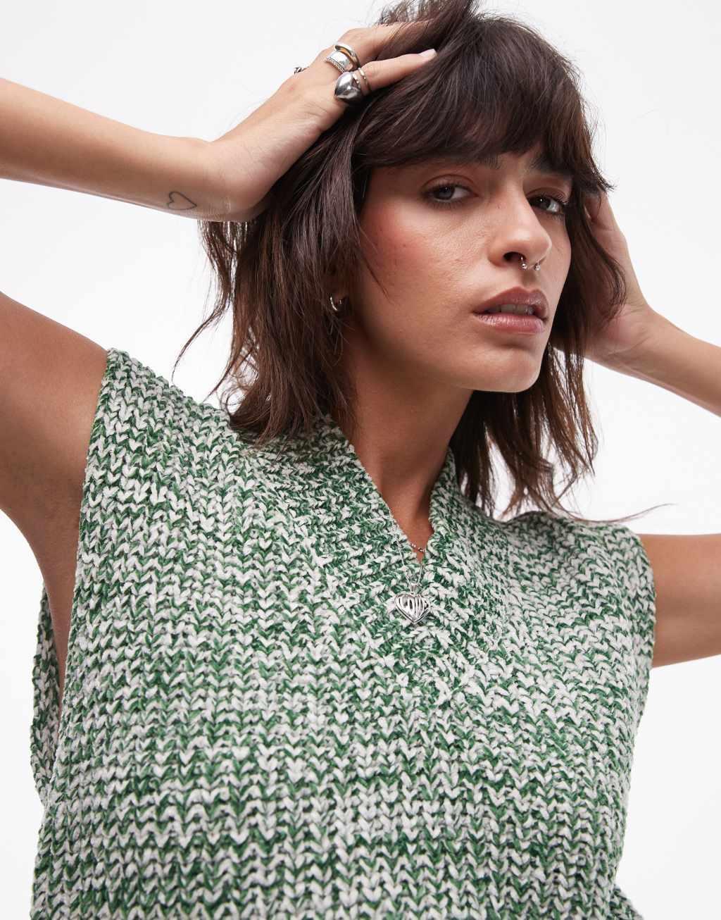 Topshop knit V-neck multi chenille tank top in green Product Image
