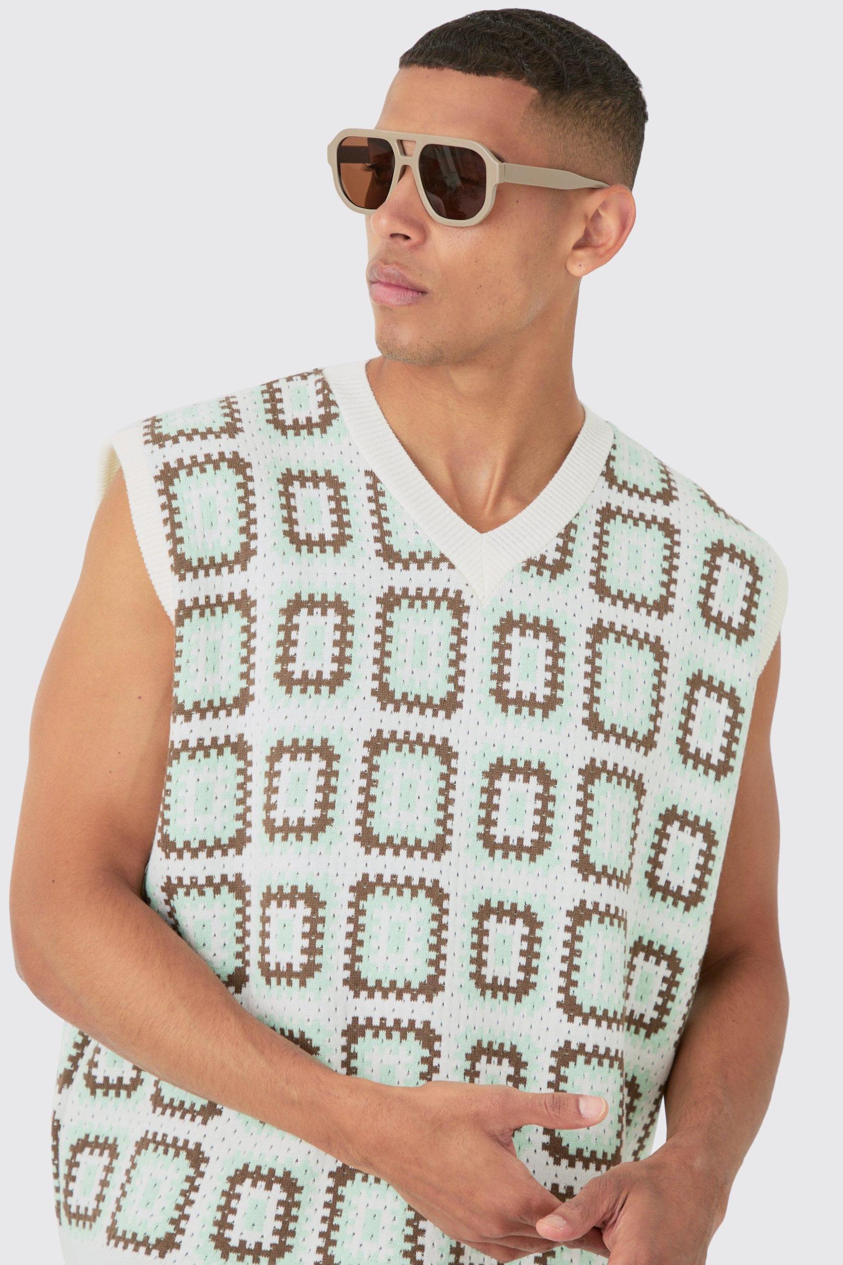 Oversized V Neck Crochet Knitted Tank | boohooMAN USA Product Image