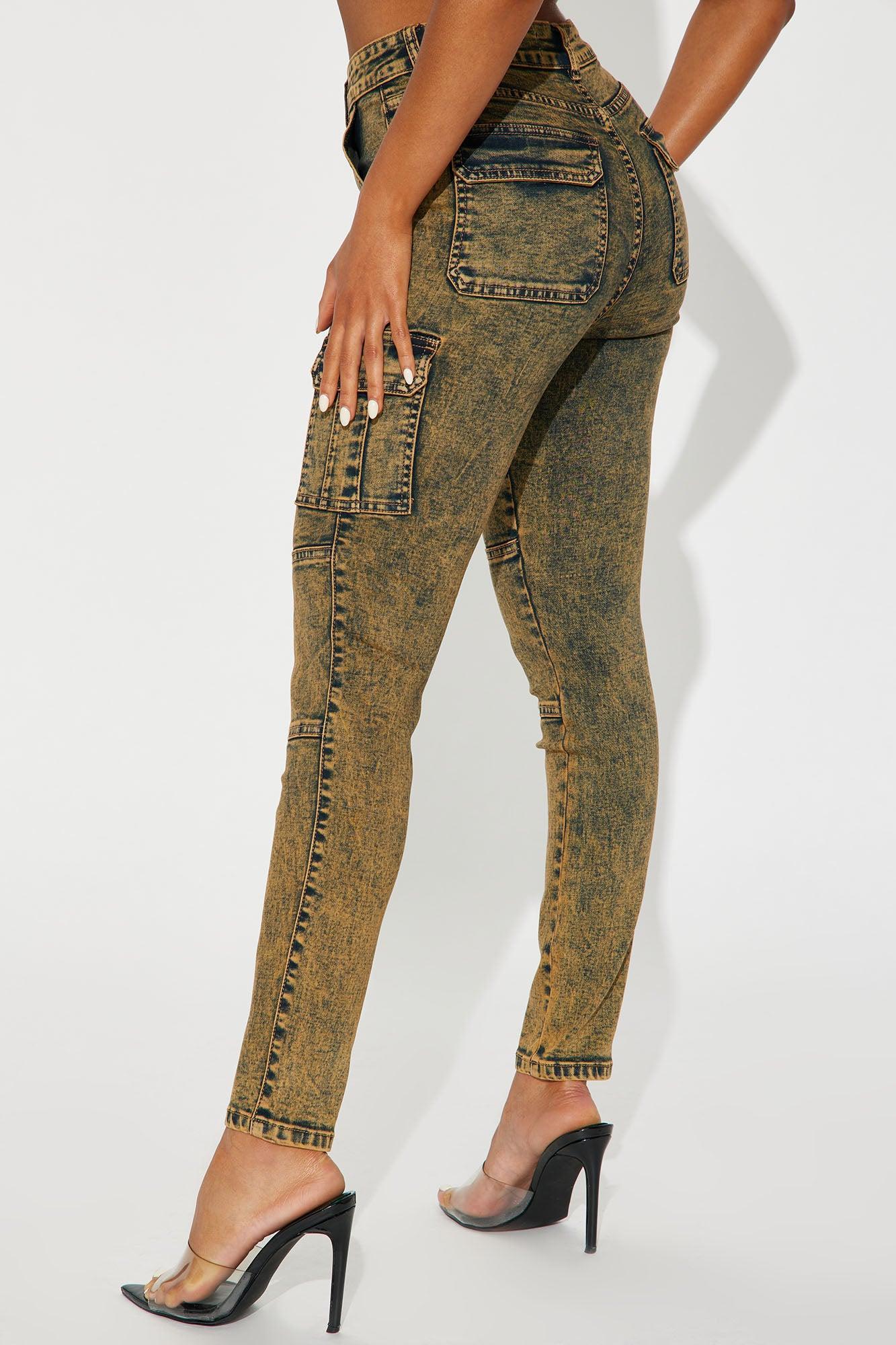 Jallisa Stretch Acid Wash Cargo Skinny Jeans - Orange Product Image