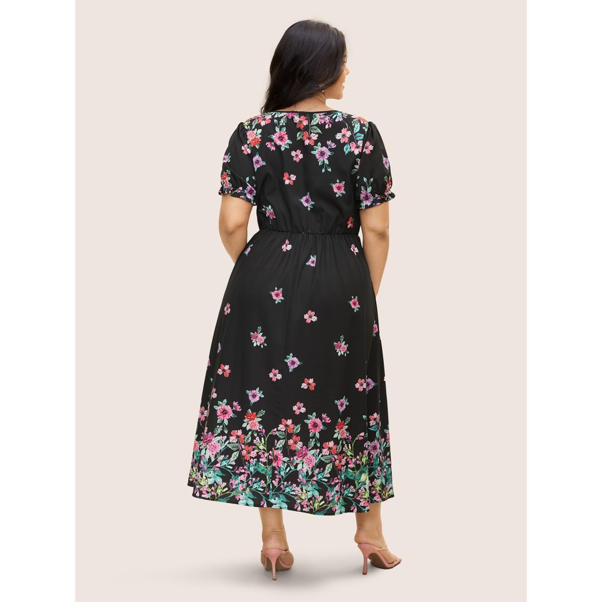 Plus Size Boho Print V Neck Elastic Waist Dress Black Women Elegant Gathered V-neck Short sleeve Curvy BloomChic 26/4X Product Image