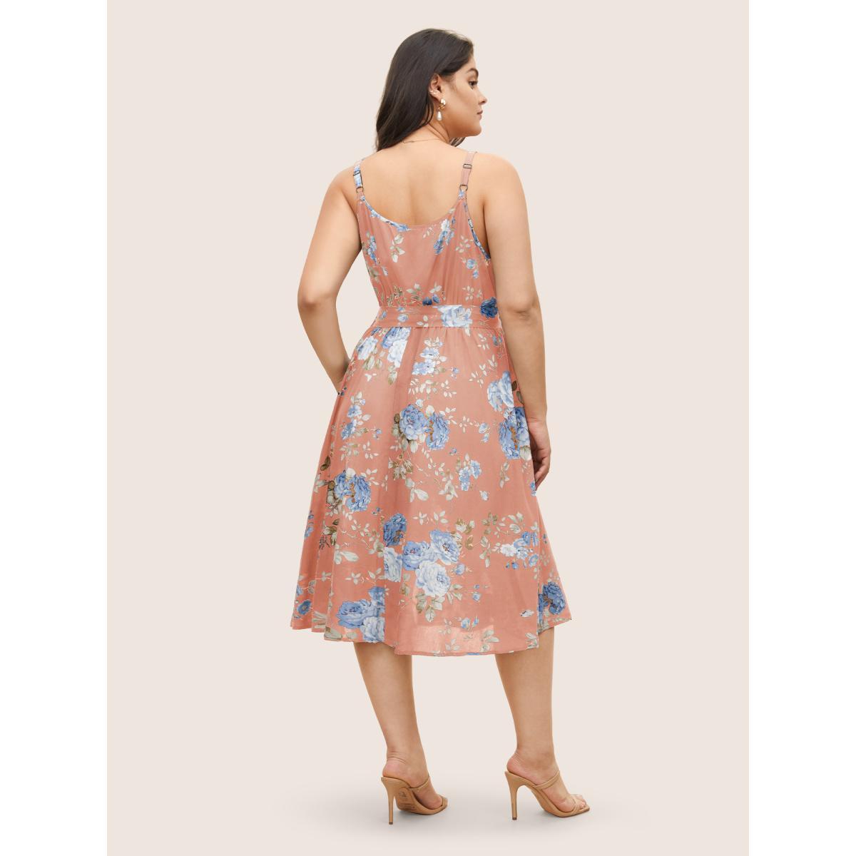 Plus Size Floral Wrap Elastic Waist Belted Sleeveless Dress Lightpink Women Elegant Non Spaghetti Strap Sleeveless Curvy Midi Dress BloomChic 14-16/1X Product Image