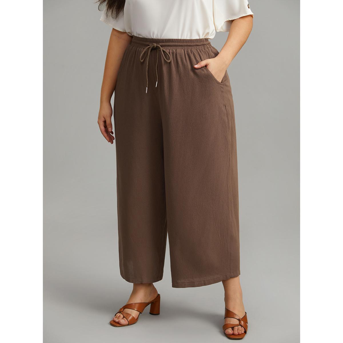 Plus Size Plain Drawstring Elastic Waist Straight Leg Pants Women DarkBrown Casual Harem High Rise Dailywear Pants BloomChic 12/L Product Image