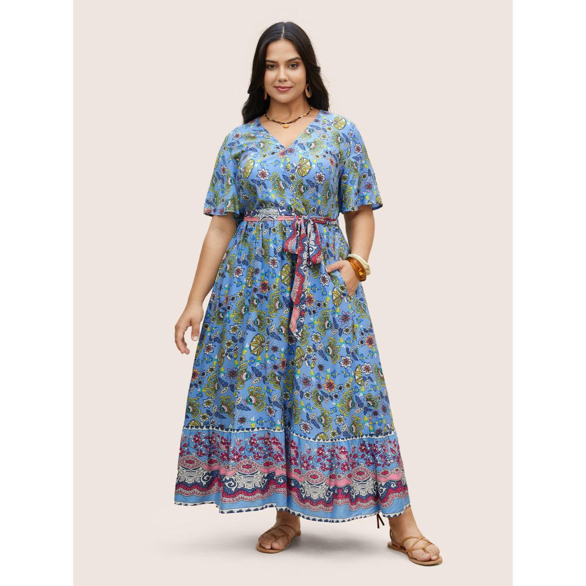 Plus Size Rayon Boho Print Overlap Collar Dress Mediumblue Women Resort Belted Overlap Collar Short sleeve Curvy BloomChic 22-24/3X Product Image