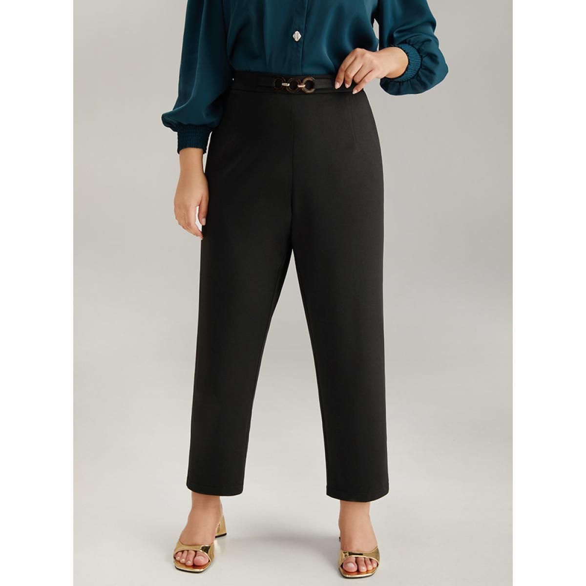 Plus Size Plain Pocket Buckle Detail Elastic Waist Pants Women Black Office Bodycon High Rise Work Pants BloomChic 26/4X Product Image