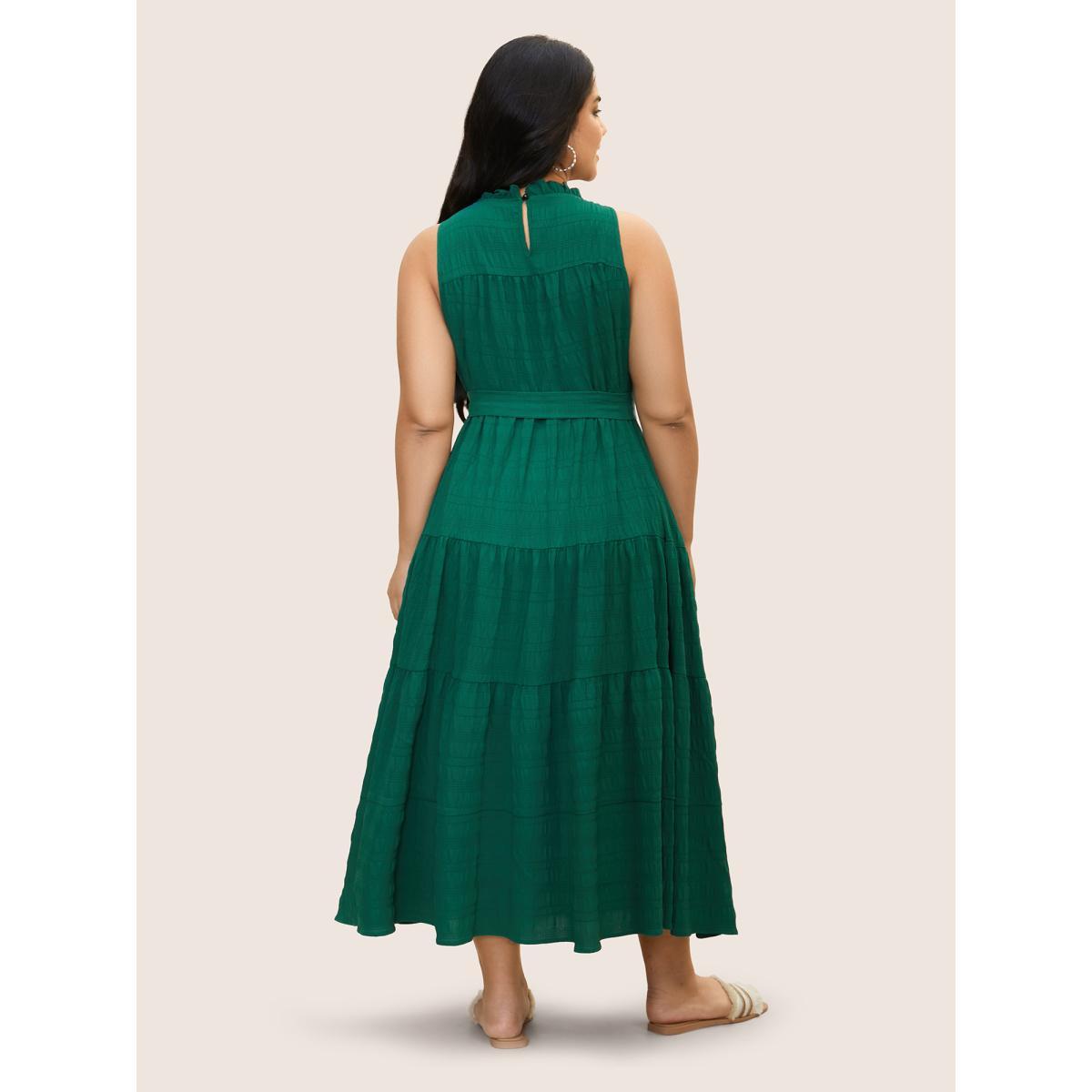 Plus Size Plain Textured A-line Frill Trim Dress Emerald Women Resort Texture Mock Neck Sleeveless Curvy BloomChic 30/6X Product Image